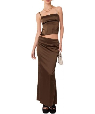 Y2K 2 Piece Maxi Skirt Sets Sexy Slim Fit Crop Tops High Waist Bodycon Split Long Skirts Outfits Streetwear Brown $13.34 Suits