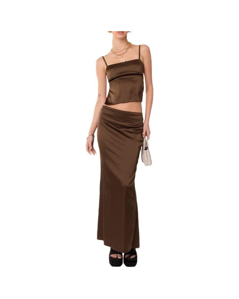 Y2K 2 Piece Maxi Skirt Sets Sexy Slim Fit Crop Tops High Waist Bodycon Split Long Skirts Outfits Streetwear Brown $13.34 Suits