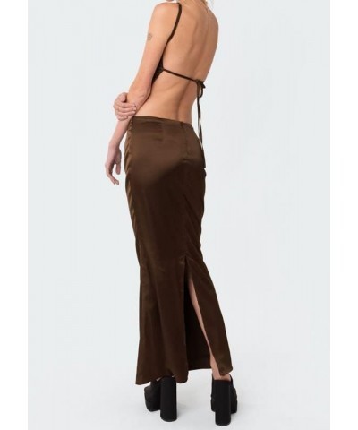 Y2K 2 Piece Maxi Skirt Sets Sexy Slim Fit Crop Tops High Waist Bodycon Split Long Skirts Outfits Streetwear Brown $13.34 Suits