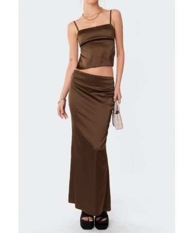 Y2K 2 Piece Maxi Skirt Sets Sexy Slim Fit Crop Tops High Waist Bodycon Split Long Skirts Outfits Streetwear Brown $13.34 Suits