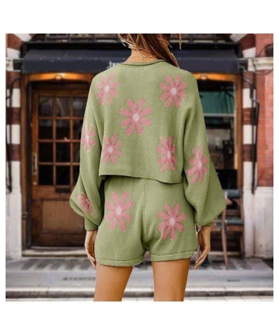 Knit Pajamas Set for Women Lounge Sets Flowers Long Puff Sleeve Top and Shorts 2 Piece Outfits Sweatsuit Sweater Tracksuit Gr...