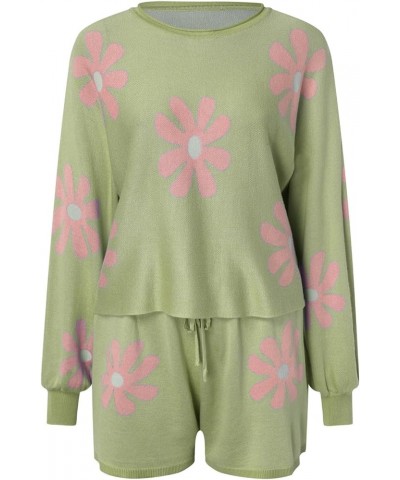 Knit Pajamas Set for Women Lounge Sets Flowers Long Puff Sleeve Top and Shorts 2 Piece Outfits Sweatsuit Sweater Tracksuit Gr...