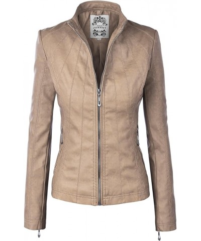 MBJ Womens Faux Leather Zip Up Moto Biker Jacket With Stitching DetaiL Wjc877_khaki $28.57 Coats