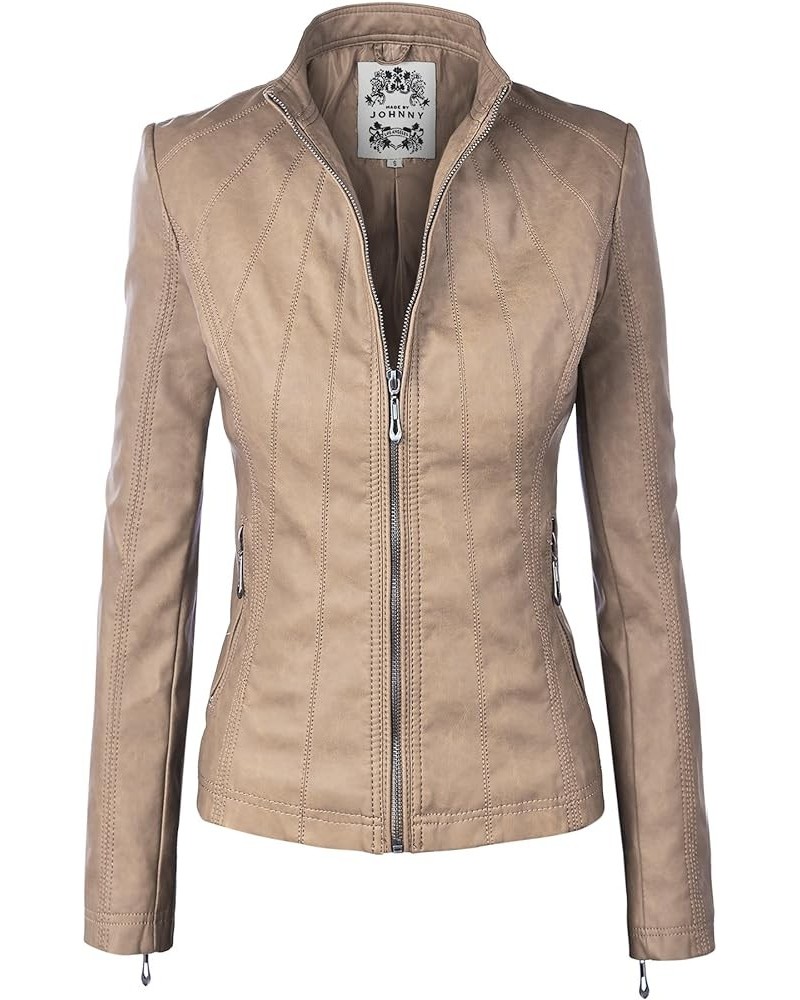 MBJ Womens Faux Leather Zip Up Moto Biker Jacket With Stitching DetaiL Wjc877_khaki $28.57 Coats