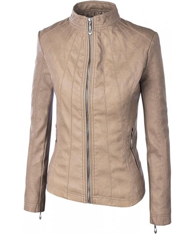 MBJ Womens Faux Leather Zip Up Moto Biker Jacket With Stitching DetaiL Wjc877_khaki $28.57 Coats