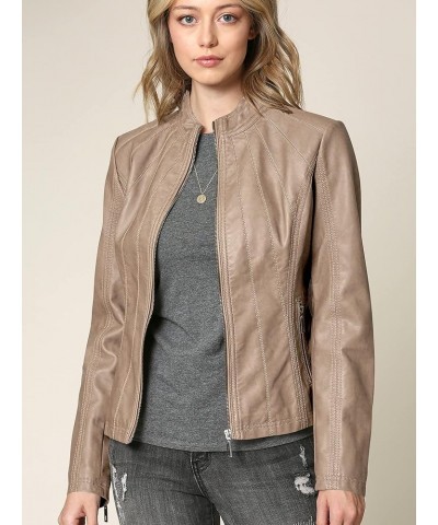 MBJ Womens Faux Leather Zip Up Moto Biker Jacket With Stitching DetaiL Wjc877_khaki $28.57 Coats