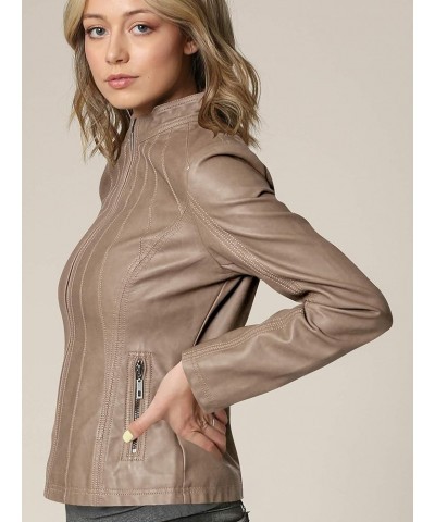 MBJ Womens Faux Leather Zip Up Moto Biker Jacket With Stitching DetaiL Wjc877_khaki $28.57 Coats