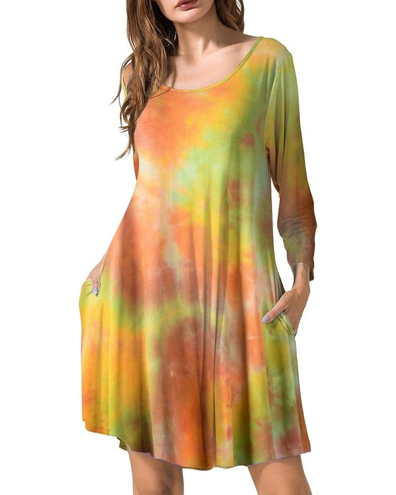 Women's 3/4 Sleeve Dress Casual Swing Pockets T-Shirt Loose Dress T02-orange_tie Dye $15.11 Dresses