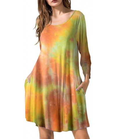 Women's 3/4 Sleeve Dress Casual Swing Pockets T-Shirt Loose Dress T02-orange_tie Dye $15.11 Dresses