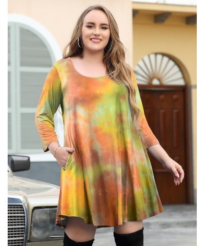 Women's 3/4 Sleeve Dress Casual Swing Pockets T-Shirt Loose Dress T02-orange_tie Dye $15.11 Dresses