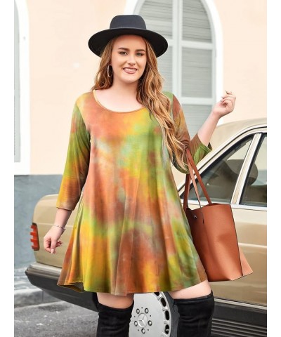 Women's 3/4 Sleeve Dress Casual Swing Pockets T-Shirt Loose Dress T02-orange_tie Dye $15.11 Dresses