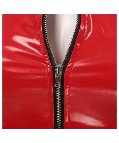 Women's Wet Look PU Leather Front Zipper Sleeveless Tank Top Party Cami Top Clubwear Red B $6.81 Tanks