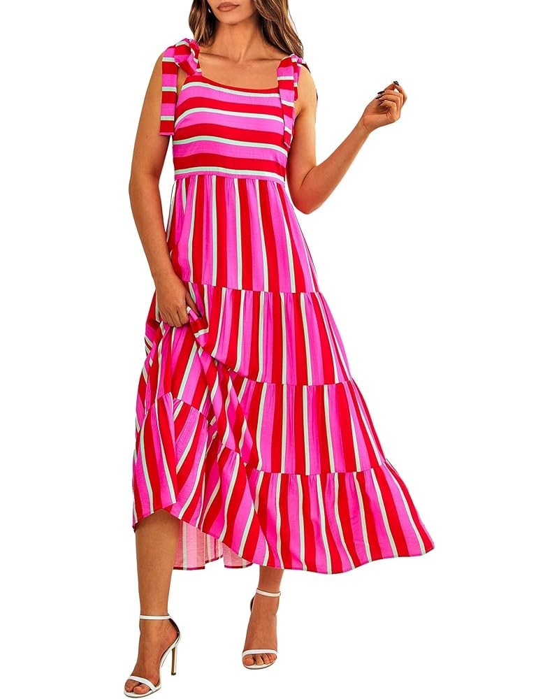 Women Dresses 2024 Summer Floral Sleeveless Maxi Dress Casual Spaghetti Strap Tiered Flowy Beach Long Dress S-rose Red $24.29...