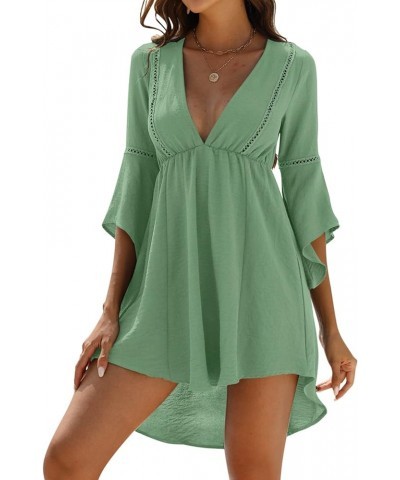 Women Swimsuit Cover up 2023 Summer Casual Beach Dress Sexy V Neck Bathing Suit Cover up Dress for Swimwear Light Green $10.1...