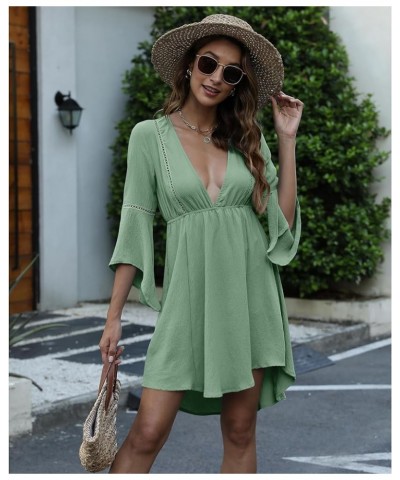 Women Swimsuit Cover up 2023 Summer Casual Beach Dress Sexy V Neck Bathing Suit Cover up Dress for Swimwear Light Green $10.1...