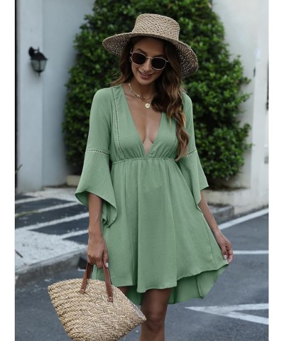 Women Swimsuit Cover up 2023 Summer Casual Beach Dress Sexy V Neck Bathing Suit Cover up Dress for Swimwear Light Green $10.1...