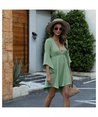 Women Swimsuit Cover up 2023 Summer Casual Beach Dress Sexy V Neck Bathing Suit Cover up Dress for Swimwear Light Green $10.1...