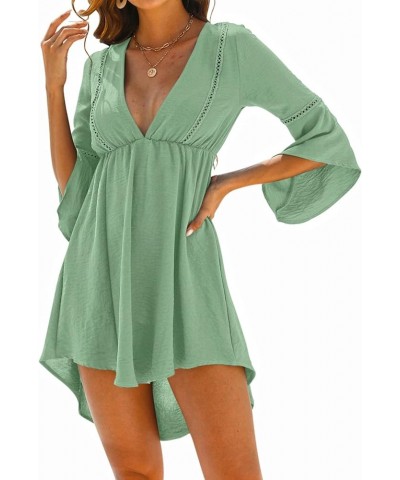 Women Swimsuit Cover up 2023 Summer Casual Beach Dress Sexy V Neck Bathing Suit Cover up Dress for Swimwear Light Green $10.1...