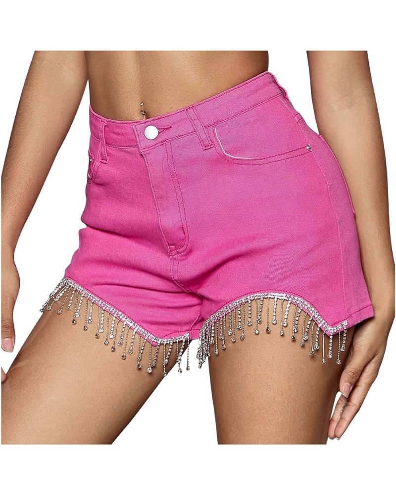 Womens Jeans Shorts Rhinestone Fringe High Waisted Tassel Stretch Slim Fit Sparkly Denim Hot Shorts Summer Red $11.25 Shorts