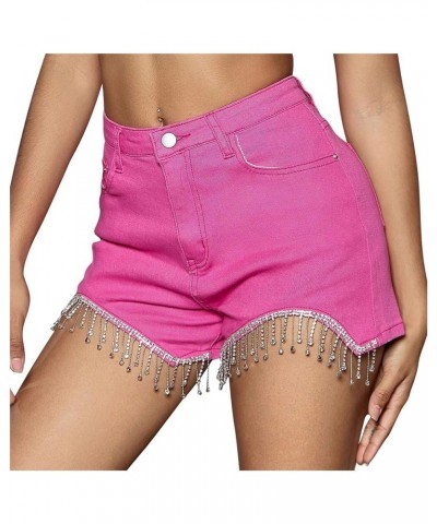 Womens Jeans Shorts Rhinestone Fringe High Waisted Tassel Stretch Slim Fit Sparkly Denim Hot Shorts Summer Red $11.25 Shorts