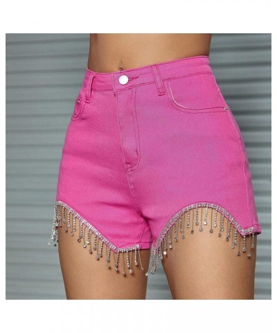 Womens Jeans Shorts Rhinestone Fringe High Waisted Tassel Stretch Slim Fit Sparkly Denim Hot Shorts Summer Red $11.25 Shorts