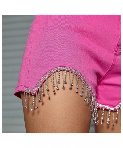 Womens Jeans Shorts Rhinestone Fringe High Waisted Tassel Stretch Slim Fit Sparkly Denim Hot Shorts Summer Red $11.25 Shorts