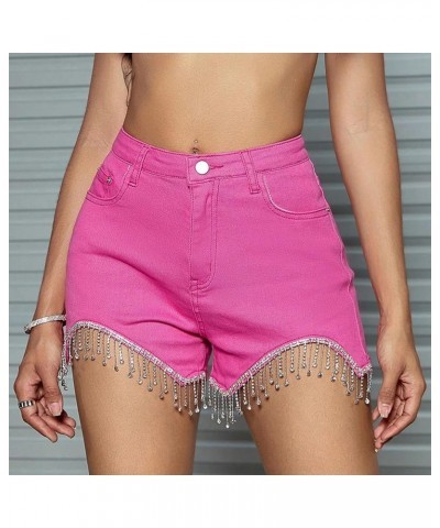 Womens Jeans Shorts Rhinestone Fringe High Waisted Tassel Stretch Slim Fit Sparkly Denim Hot Shorts Summer Red $11.25 Shorts