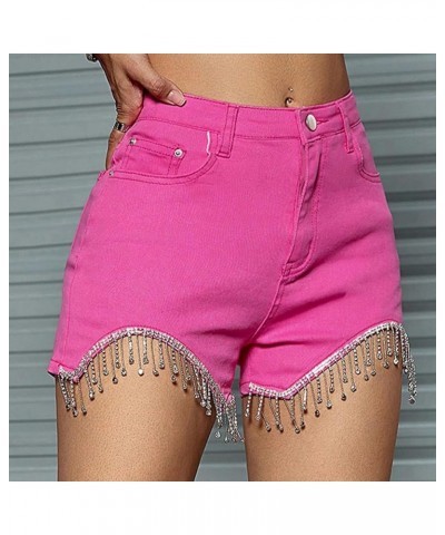 Womens Jeans Shorts Rhinestone Fringe High Waisted Tassel Stretch Slim Fit Sparkly Denim Hot Shorts Summer Red $11.25 Shorts