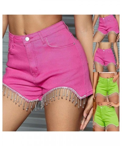 Womens Jeans Shorts Rhinestone Fringe High Waisted Tassel Stretch Slim Fit Sparkly Denim Hot Shorts Summer Red $11.25 Shorts