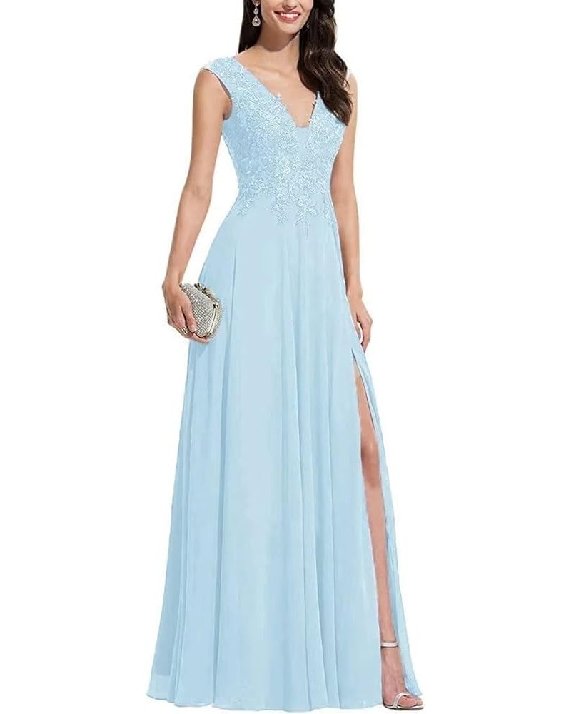 Chiffon Bridesmaid Dresses with Slit V-Neck Mother of Bride Dress Laces Applique Elegant A-line Formal Evening Dresses Ice Bl...