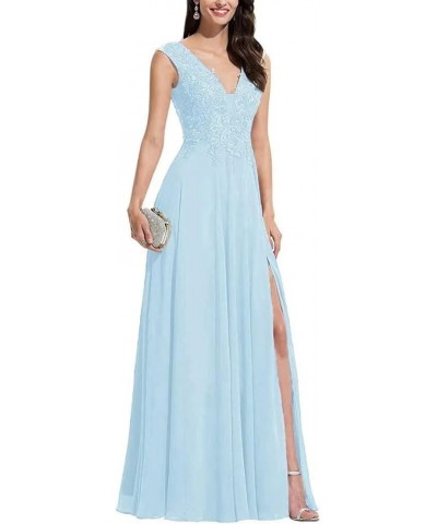 Chiffon Bridesmaid Dresses with Slit V-Neck Mother of Bride Dress Laces Applique Elegant A-line Formal Evening Dresses Ice Bl...