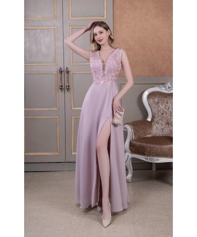 Chiffon Bridesmaid Dresses with Slit V-Neck Mother of Bride Dress Laces Applique Elegant A-line Formal Evening Dresses Ice Bl...