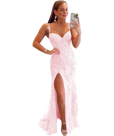 Women's Lace Mermaid Prom Dresses Long with Slit Mermaid Spaghetti Straps Backless Formal Evening Gowns YZTS099 Pink $44.19 D...