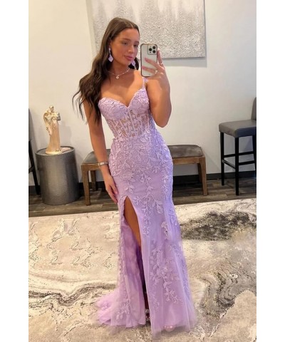 Women's Lace Mermaid Prom Dresses Long with Slit Mermaid Spaghetti Straps Backless Formal Evening Gowns YZTS099 Pink $44.19 D...