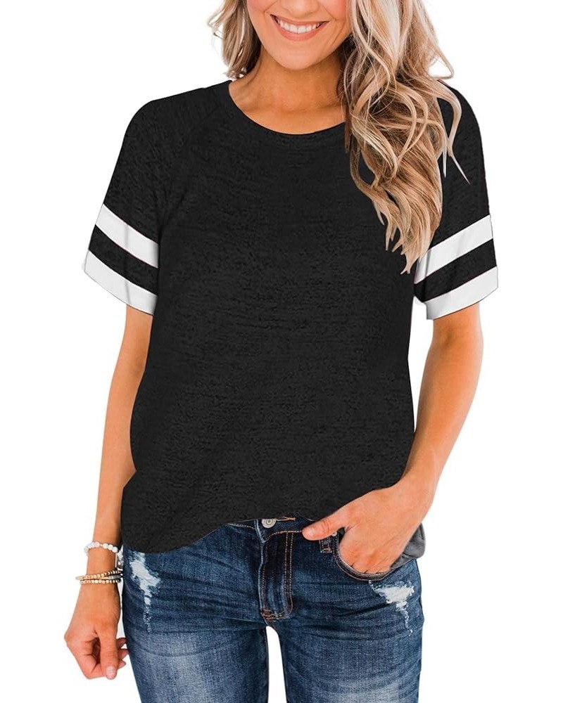 Womens 3/4 Sleeve Fashion Crewneck Tops Patchwork Blouse Casual Loose Comfy Shirt Z Short Sleeve Black $11.00 Blouses