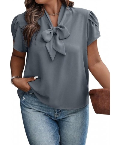 Women's Plus Size Bow Tie Neck Petal Sleeve Blouse Office Work Shirt Top Dusty Blue $12.80 Blouses