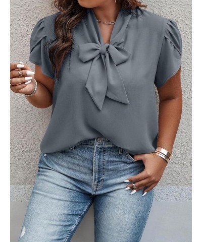 Women's Plus Size Bow Tie Neck Petal Sleeve Blouse Office Work Shirt Top Dusty Blue $12.80 Blouses