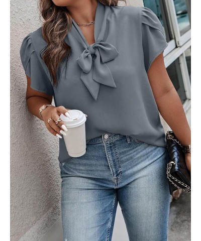 Women's Plus Size Bow Tie Neck Petal Sleeve Blouse Office Work Shirt Top Dusty Blue $12.80 Blouses