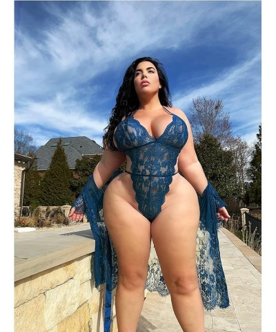 Women Sexy Lingerie Set 2 Piece Lace Kimono Robe with Lace Teddy Lingerie Bodysuit Deep Blue $19.46 Lingerie