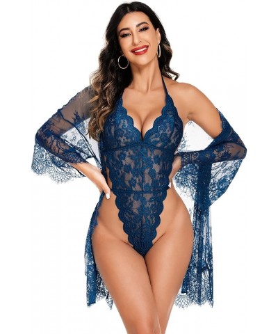 Women Sexy Lingerie Set 2 Piece Lace Kimono Robe with Lace Teddy Lingerie Bodysuit Deep Blue $19.46 Lingerie