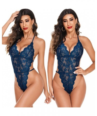 Women Sexy Lingerie Set 2 Piece Lace Kimono Robe with Lace Teddy Lingerie Bodysuit Deep Blue $19.46 Lingerie