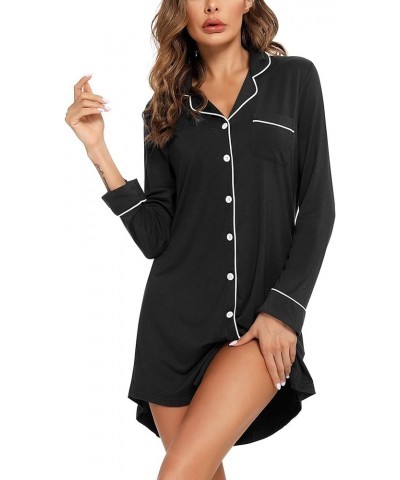 Pajama Nightgown for Women Short/Long Sleeve Button Down Nightwear Top Boyfriend Sleep Shirts Nightdress S-XXL Long Sleeve-bl...