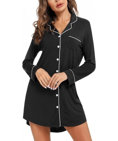 Pajama Nightgown for Women Short/Long Sleeve Button Down Nightwear Top Boyfriend Sleep Shirts Nightdress S-XXL Long Sleeve-bl...