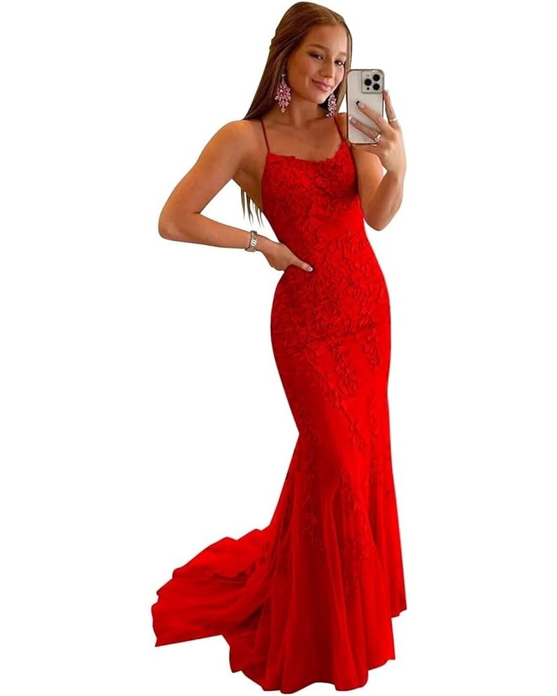 Lace Mermaid Prom Dresses Long 2024 Women Spaghetti Straps Corset Tulle Formal Evening Party Gown Red $32.00 Dresses