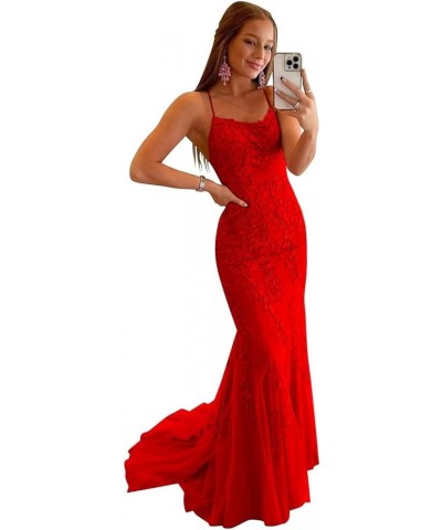 Lace Mermaid Prom Dresses Long 2024 Women Spaghetti Straps Corset Tulle Formal Evening Party Gown Red $32.00 Dresses