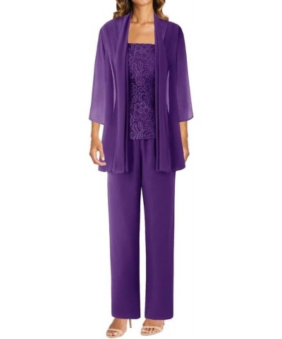 Mother of The Bride Dresses Jacket Pant Suits 3 Pieces Lace Evening Formal Dress for Wedding Guest Groom Dress Dark Purple $3...