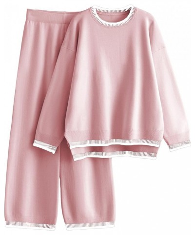 Women's Sweater Sets 2 Piece Outfits Knitted Pullover Jumper and Wide Leg Pants Tracksuit Pink $31.89 Activewear