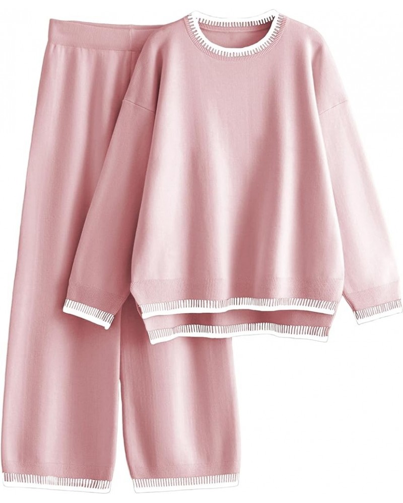 Women's Sweater Sets 2 Piece Outfits Knitted Pullover Jumper and Wide Leg Pants Tracksuit Pink $31.89 Activewear