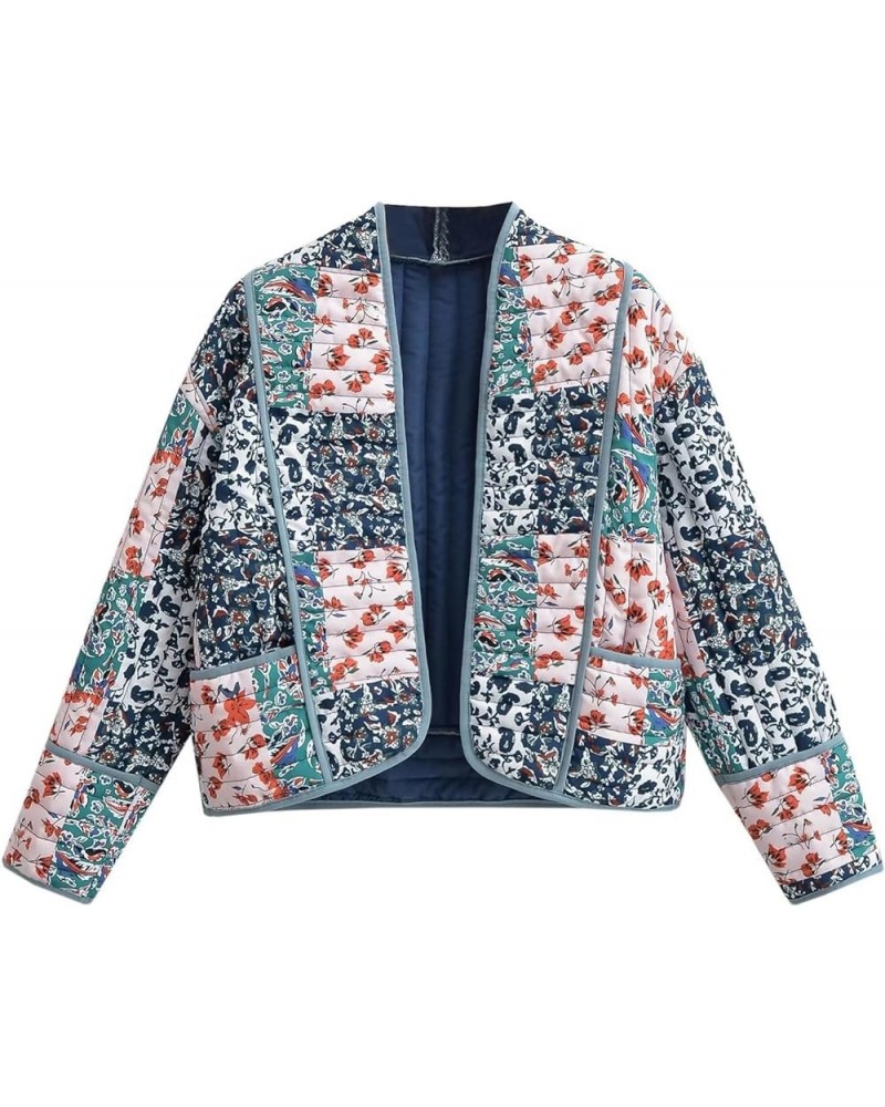 Women's Cropped Puffer Quilted Jacket Cardigan Floral Printed Lightweight Long Sleeve Open Front Short Padded Coats 03blue $2...