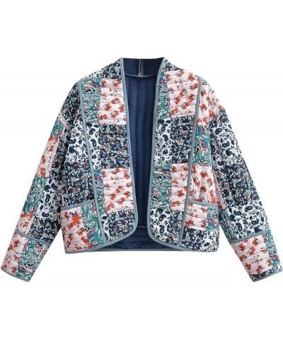 Women's Cropped Puffer Quilted Jacket Cardigan Floral Printed Lightweight Long Sleeve Open Front Short Padded Coats 03blue $2...